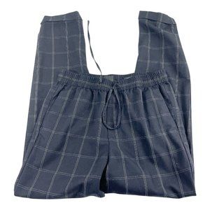 H&M Navy Blue Plaid Tapered Leg Trouser Pants Sz XS Slim Fit Elastic Waist